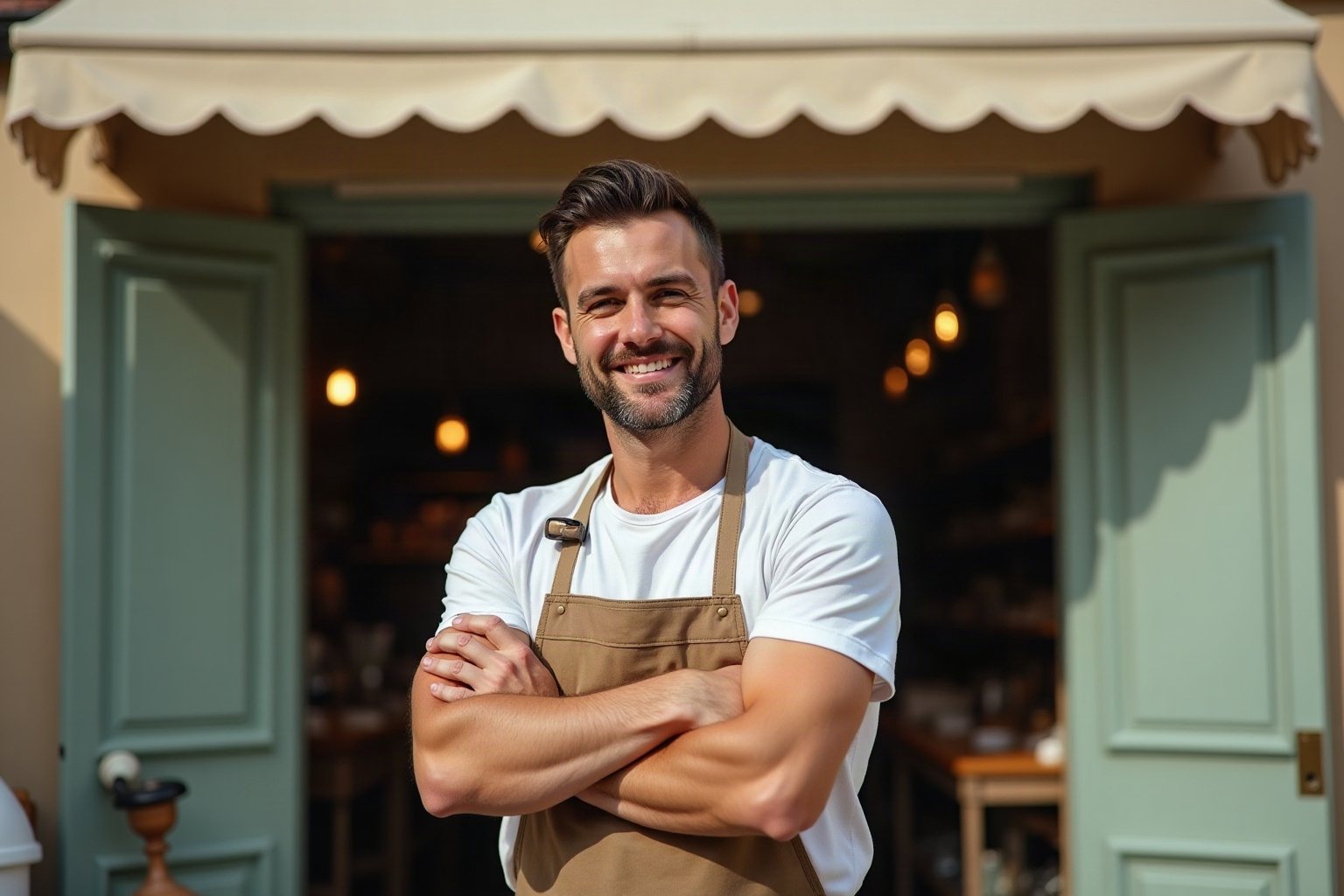 Artisan boulanger devant la boutique qu’il vient de reprendre