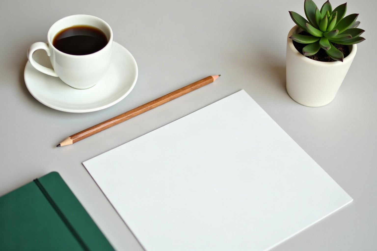 Carnet vert, crayon et feuille blanche sur un bureau